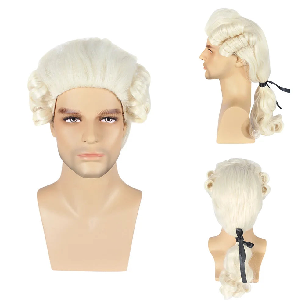 2024 Lawyer Judge Baroque Cosplay Curly Wig Grey White Black Men's Wig Hair Deluxe Historical Long Synthetic Wig For Halloween