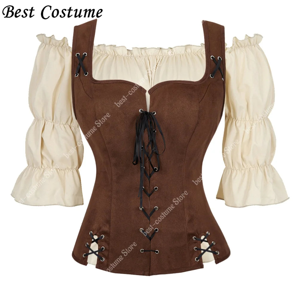 Pirate Costume Women Medieval Vest Cosplay Plus Size Medieval Blouse Tops 2 Pieces Sets Renaissance Vest Brown Black Blue