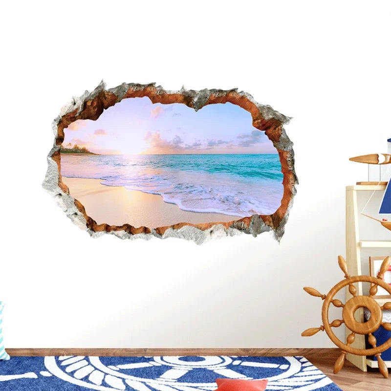 Autocollants muraux avec vue sur la mer, effet 3D, imperméable, rupture du mur, paysage de plage, océan
