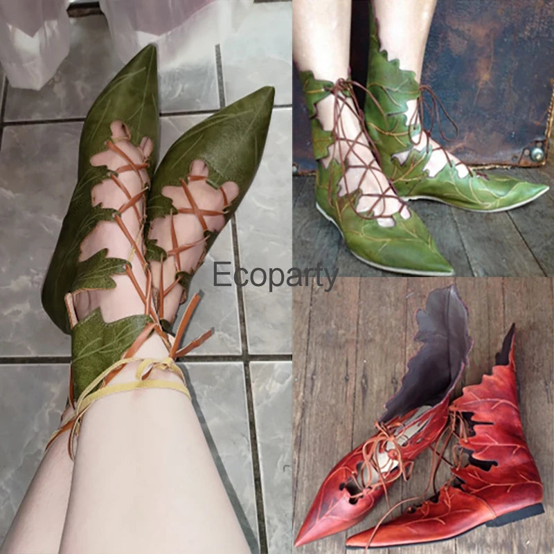New Medieval Gothic Retro Elf Witch Leaves Lace Up Shoes For Women Men Halloween Cosplay Costume Carnival Party Knight Boots