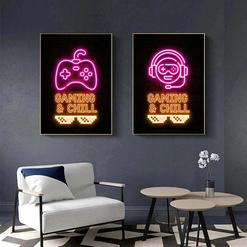 Neon Video Games Cats and Gaming Quotes Posters Prints Canvas Painting Gamepad Game Room Wall Art Picture Gamer Zone Room Decor