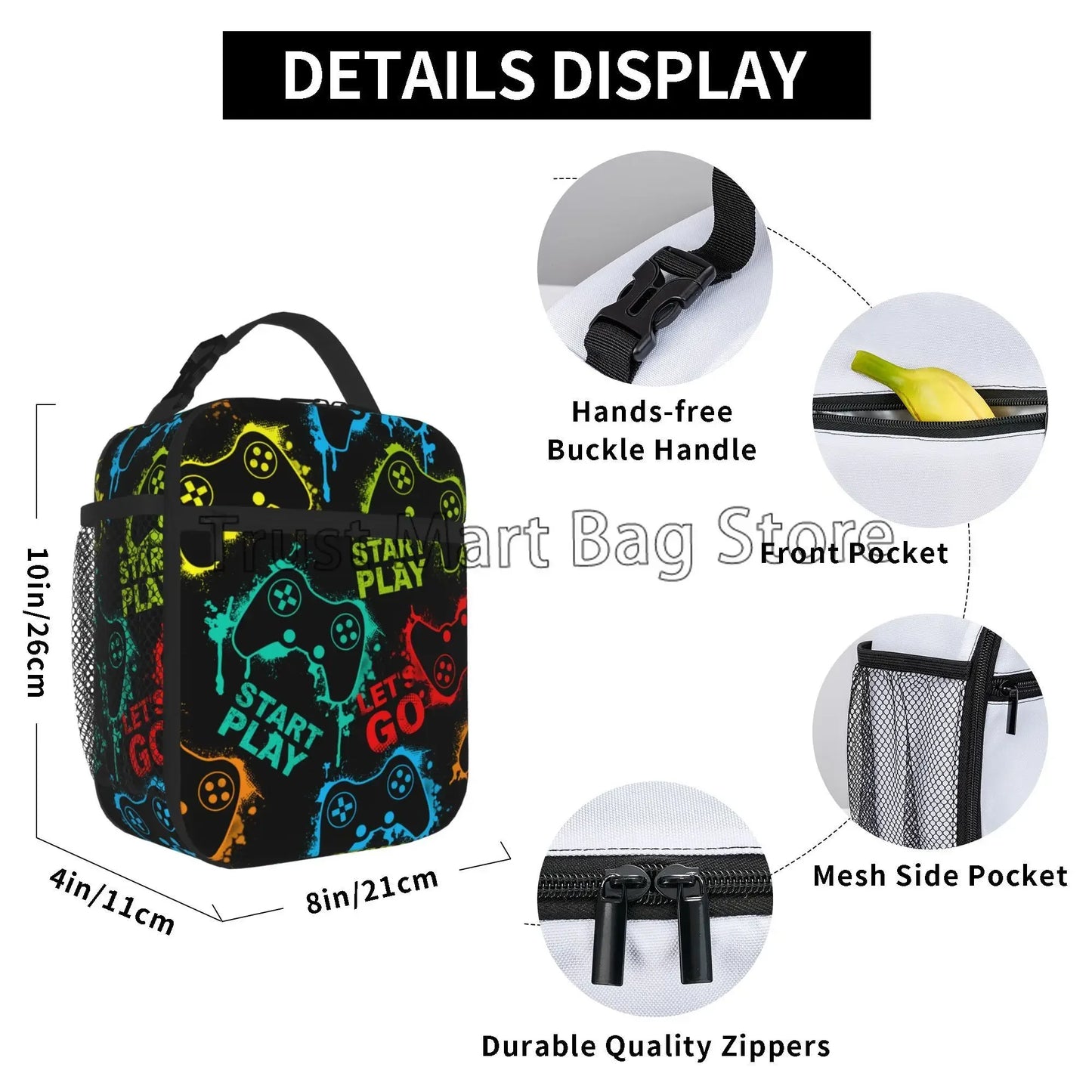 Video Game Controller Insulated Lunch Box Gamepad Waterproof Portable Thermal Bento Lunch Bag for School Travel Picnic Beach