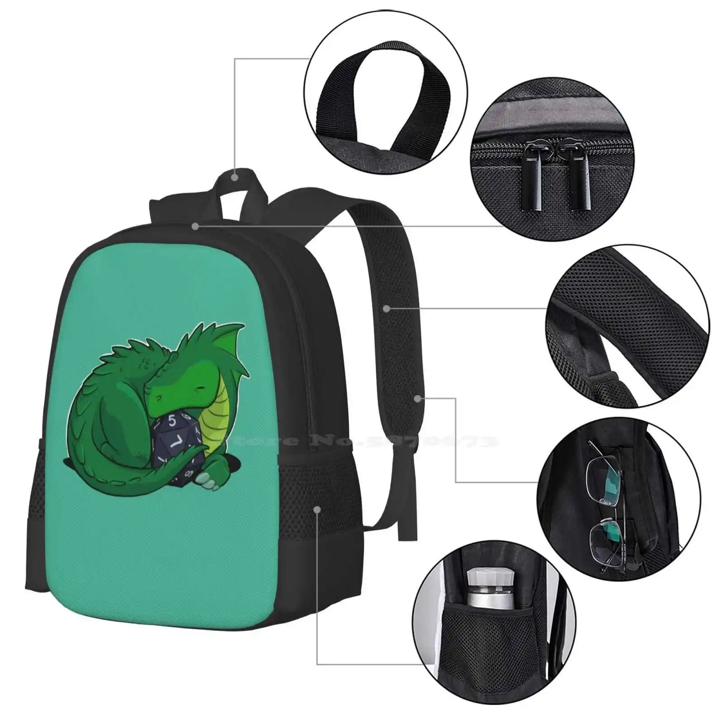 Mochila D20 Dragón Verde para estudiante, escuela, portátil, bolsa de viaje, campaña de bebé dragón, dibujos animados, criatura de cómics, dados D20 Dnd