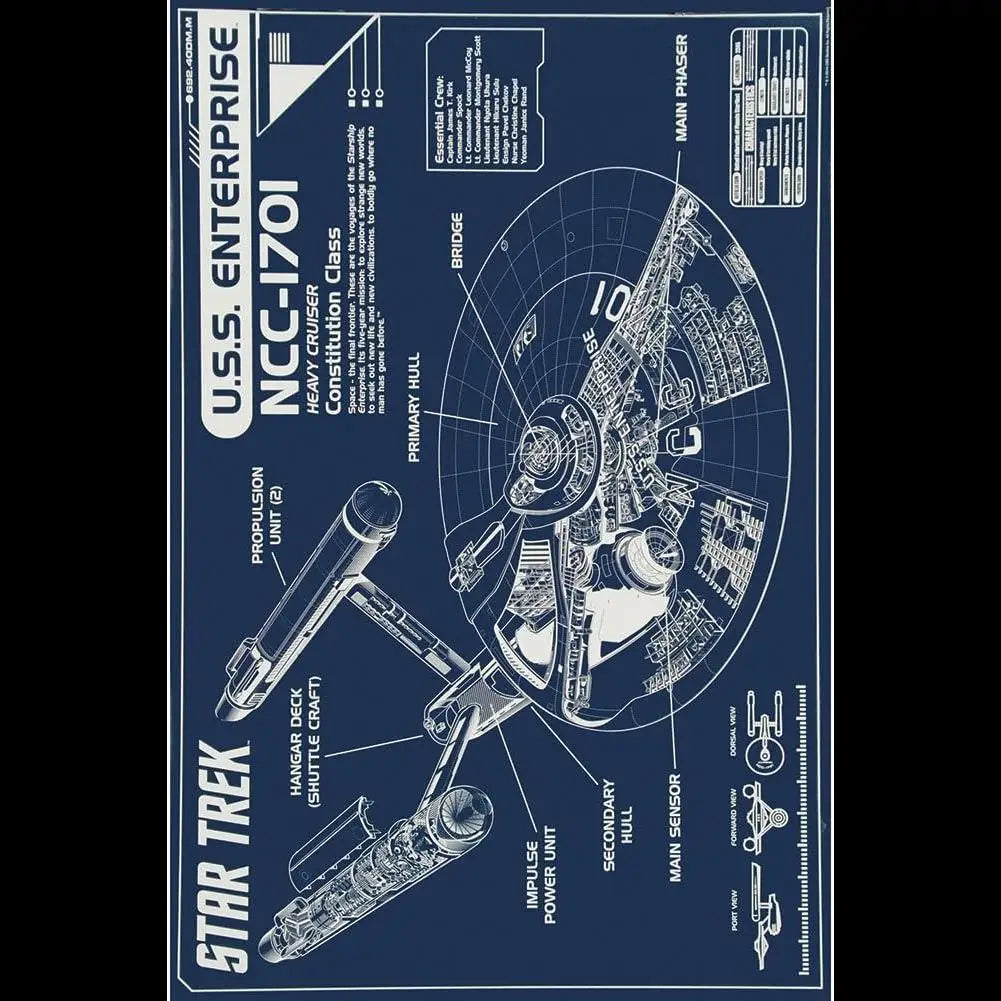 Star Trek USS Enterprise Blueprint Wall Poster x pulgadas AQUARIUS Vintage SciFi Space Ship Decor para Trekkies y fanáticos