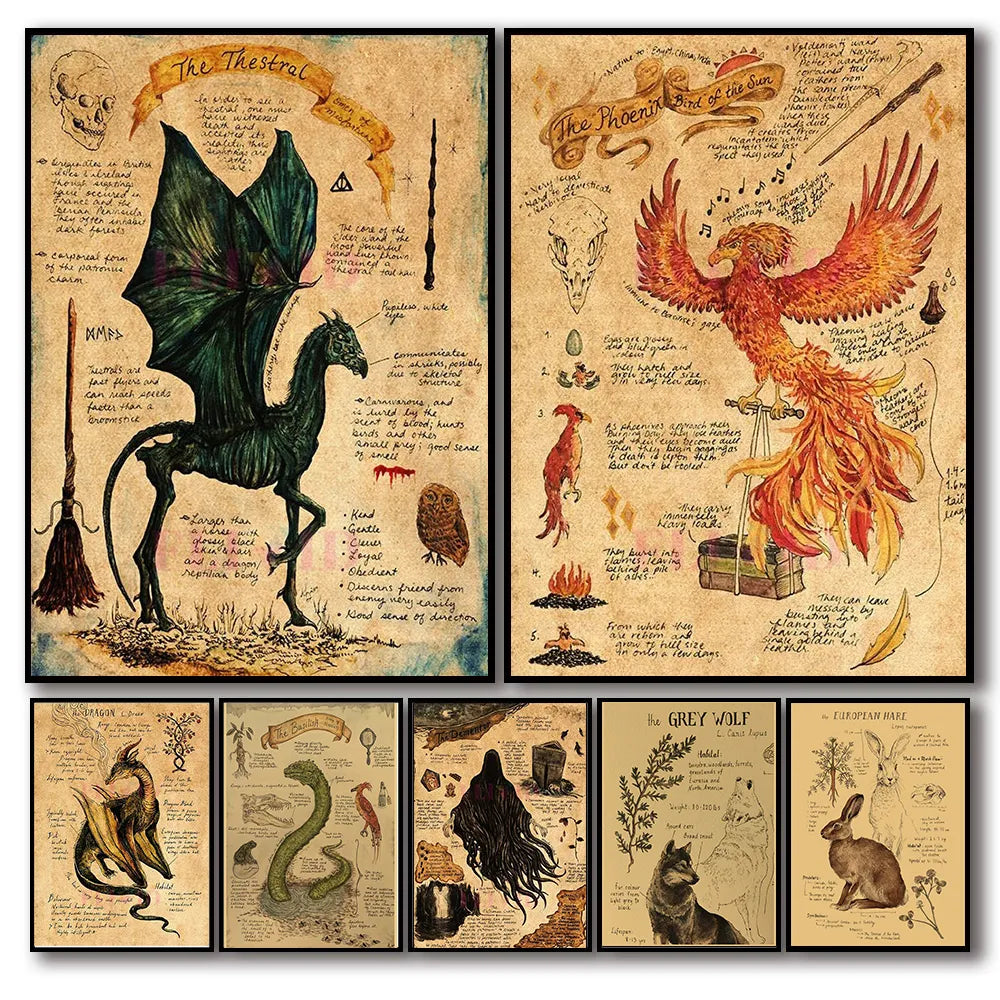 Vintage Animal Unicorn Poster Aesthetics Dementor Dragon Wall Art Decoration Magic Monster Halloween Witch Kitchen Room Decor