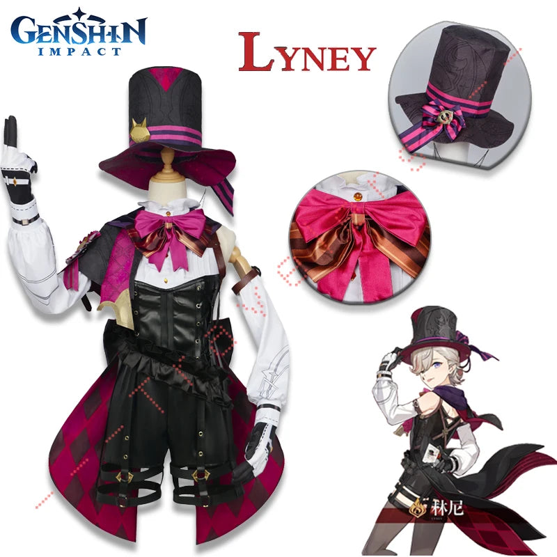 Lyney Cosplay Genshin Impact disfraz peluca Fontaine Lyney cuero mago uniforme pelo corto guante gemelos Halloween carnaval juego