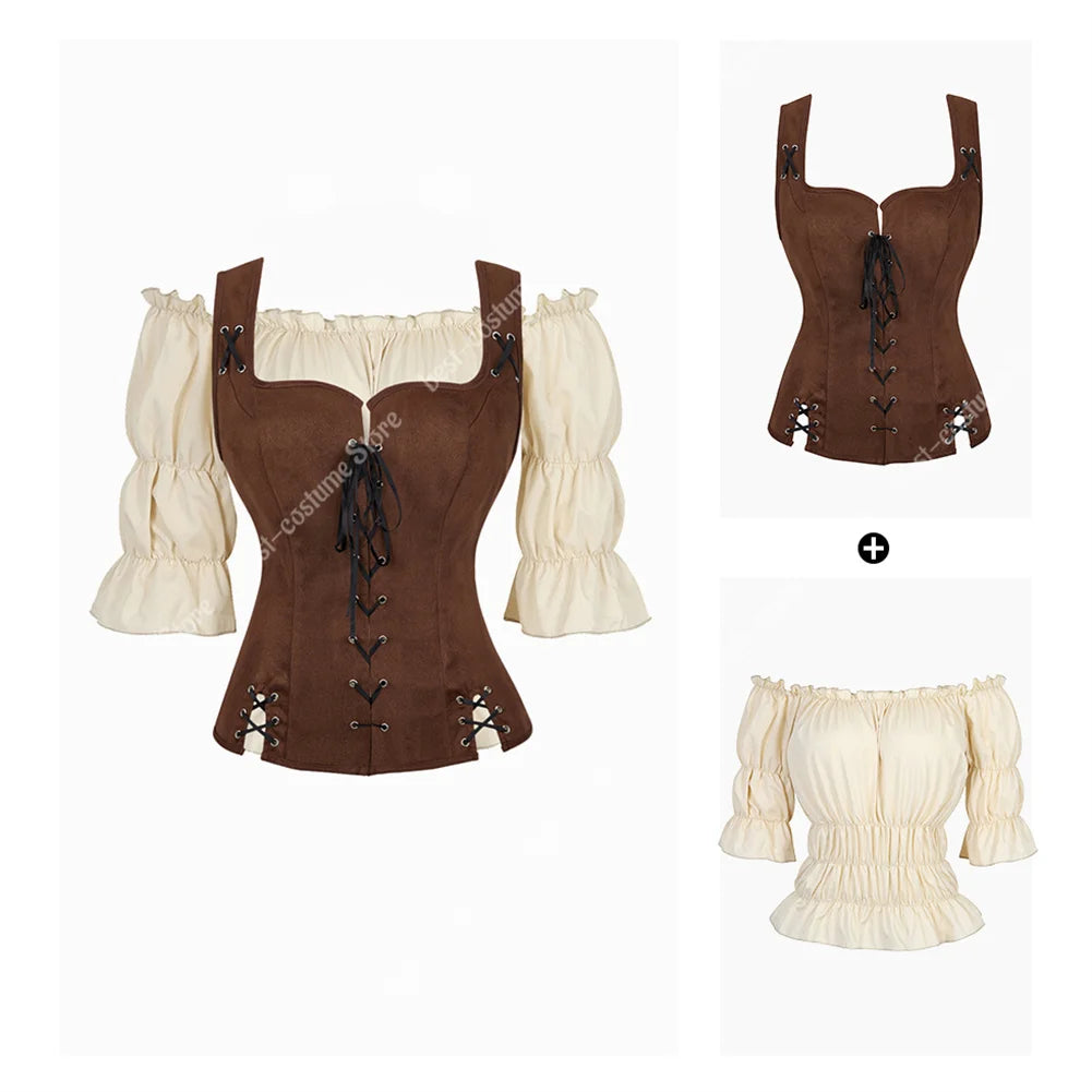 Pirate Costume Women Medieval Vest Cosplay Plus Size Medieval Blouse Tops 2 Pieces Sets Renaissance Vest Brown Black Blue