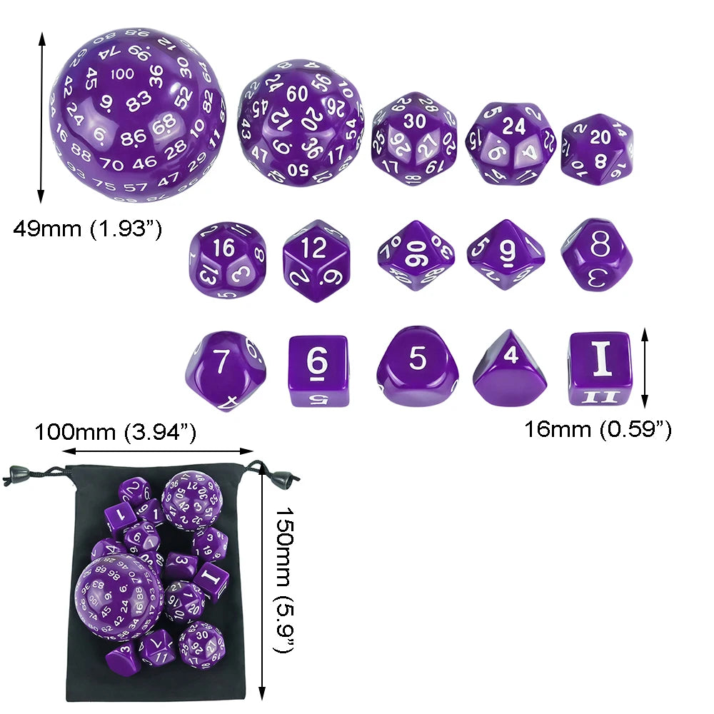 15pcs Polyhedral Dice Set with Bag D3-D100 6 Colors for DND Game RPG Board Game Accessories Hobbies Holiday Gift