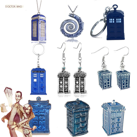 Who Sci-fi TV Doctor Telephone Booth Keychain Necklace Earrings Brooches TARDIS Pendant Choker For Women Men Jewelry Gift