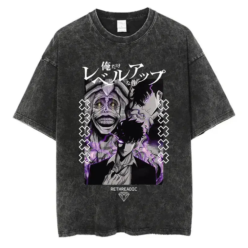 Solo Leveling Vintage T-shirt: Harajuku Washed Anime Tee