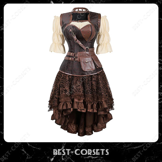 Steampunk Corset Dress Pirate Costume  for Women Halloween Medieval Blouse Gothic Faux Leather Corset Dress With Straps Brown