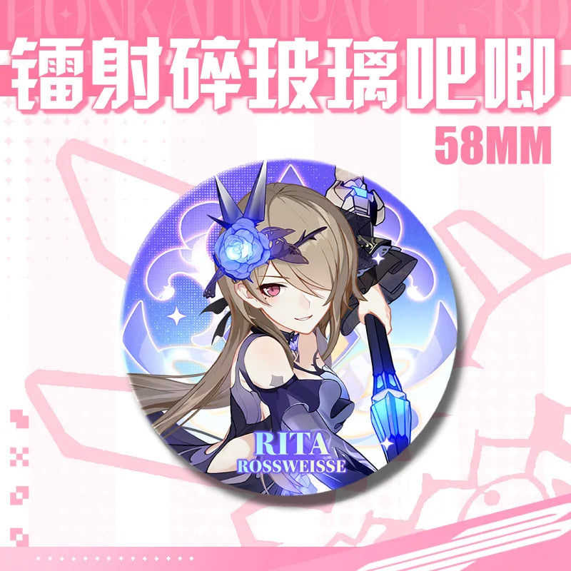 Kawaii Honkai Impact 3 Valkyrie Girls 58mm Laser Pin Badge Cosplay Accessories for Clothes Backpack Decor Brooch Gifts Keychain