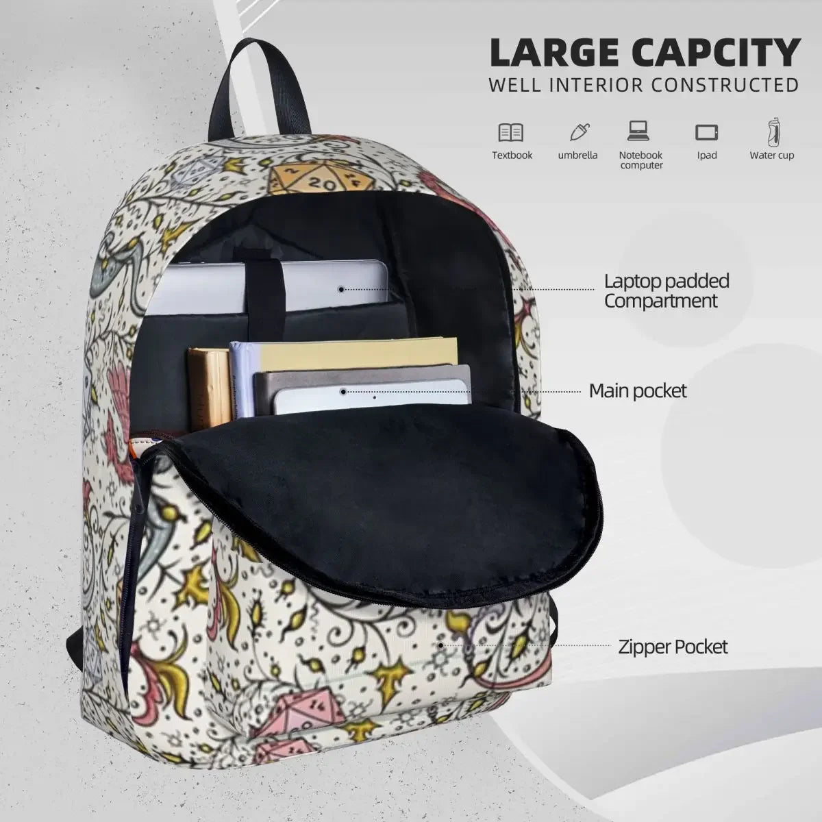 Medieval Dragon And D20 Dice, Dnd Pattern, Floral Woman Backpacks Boys Girls Bookbag Casual Children School Bags Laptop Rucksack