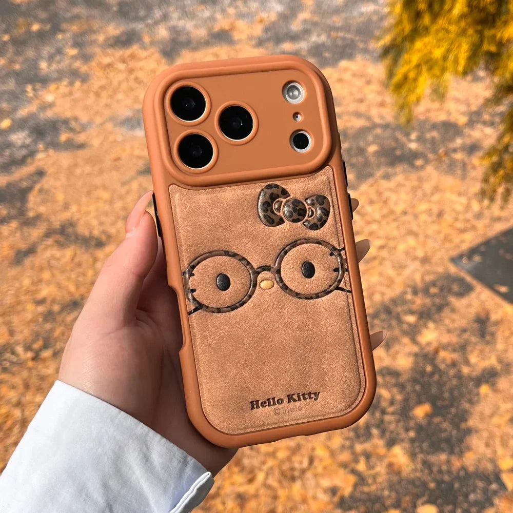 Brown Cute Leather Leopard Print Glasses KT Phone Case Suitable For iPhone 14 Pro 15 16 17 Pro Max Shockproof Protective Case