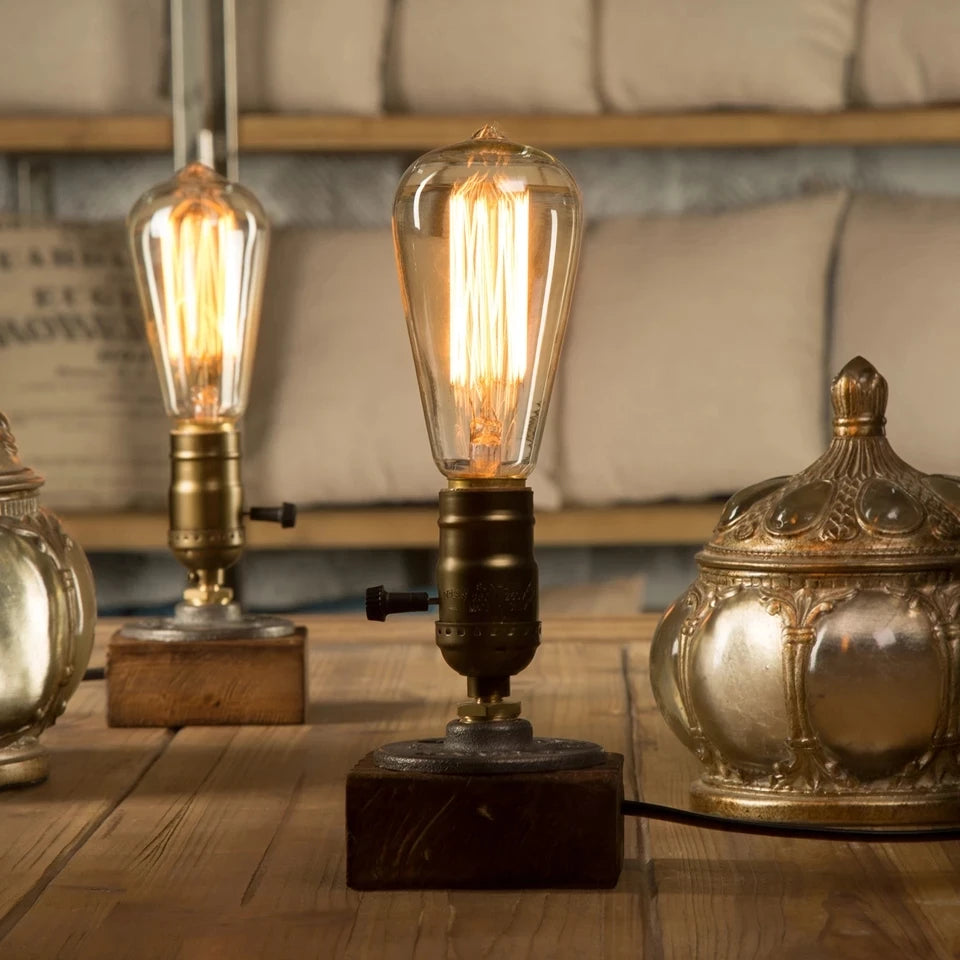 Lampe de Table en bois Vintage, lampe de bureau industrielle en fer, interrupteur à intensité variable, ampoule Edison, éclairage de café et de Bar, décoration rétro pour la maison