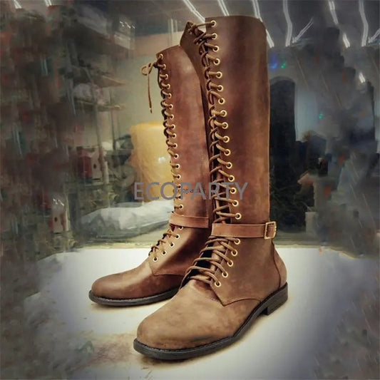 Medieval Steampunk Boots Man Women Viking Pirate Cosplay High Tube Low Heel Lacing artificial pu Shoes Halloween Party Costume