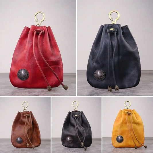 Upper Leather Coin Purse Pouch Simple Retro Solid Color Car Key Bag Drawstring Wallets Men