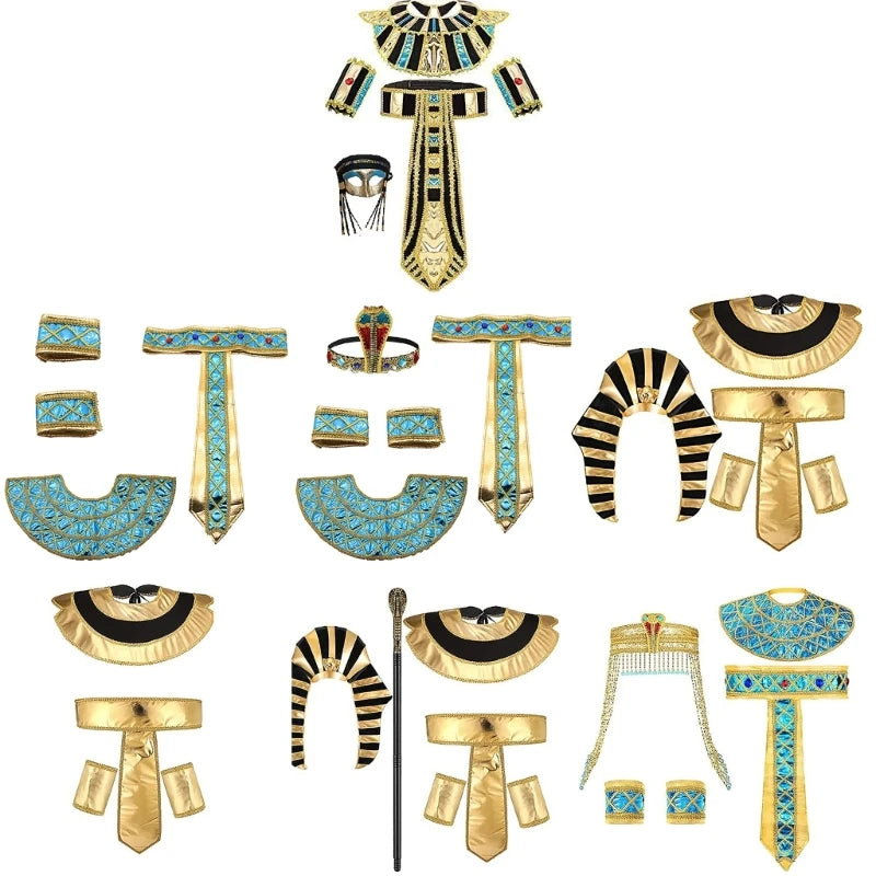 Egyptian Costume Accessories Set Egyptian Pharaoh Headpiece Egyptian Collar Wristbands for Halloween Role Play Cosplay