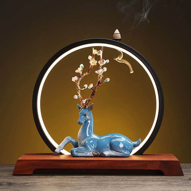 Blossom Deer Round Backflow Incense Burner LED Lamp - Blue