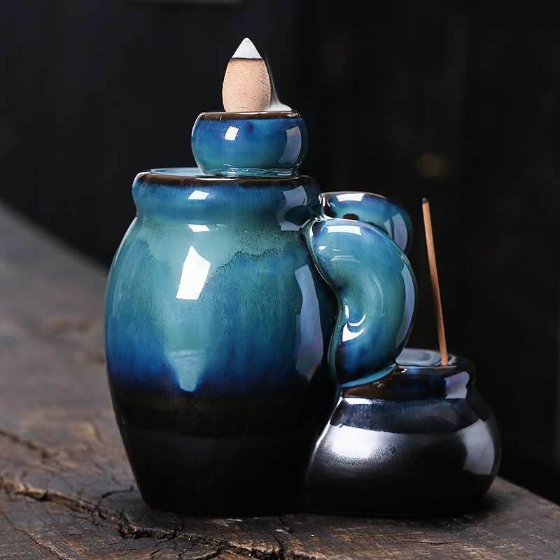 Blue Jars Cascading Waterfall Backflow Incense Burner Holder - 