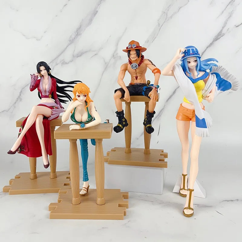 Anime One Piece Luffy Ace Nami Hancock Figure Bar position Sitting posture Action Figure PVC Model Doll Collection Toy Gift Kids