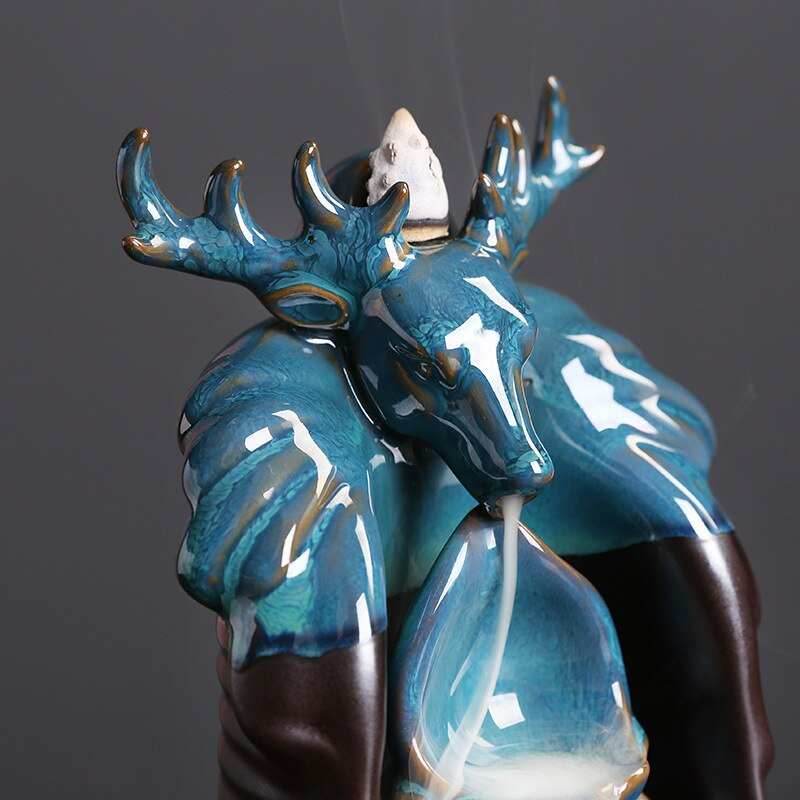 Blue Lucky Deer Ceramic Waterfall Backflow Incense Burner - 