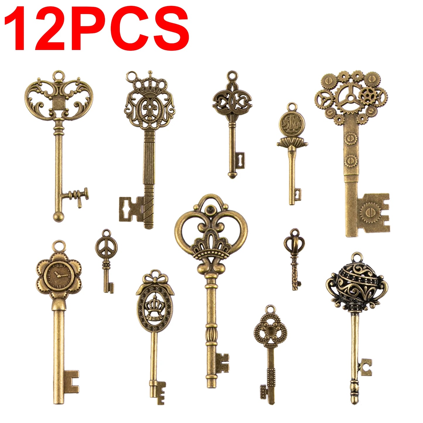 CHuangQi 12 pcs Vintage Skeleton Keys Set, Filigree Steampunk Keys, Antique Bronze Charms Pendants Different Style