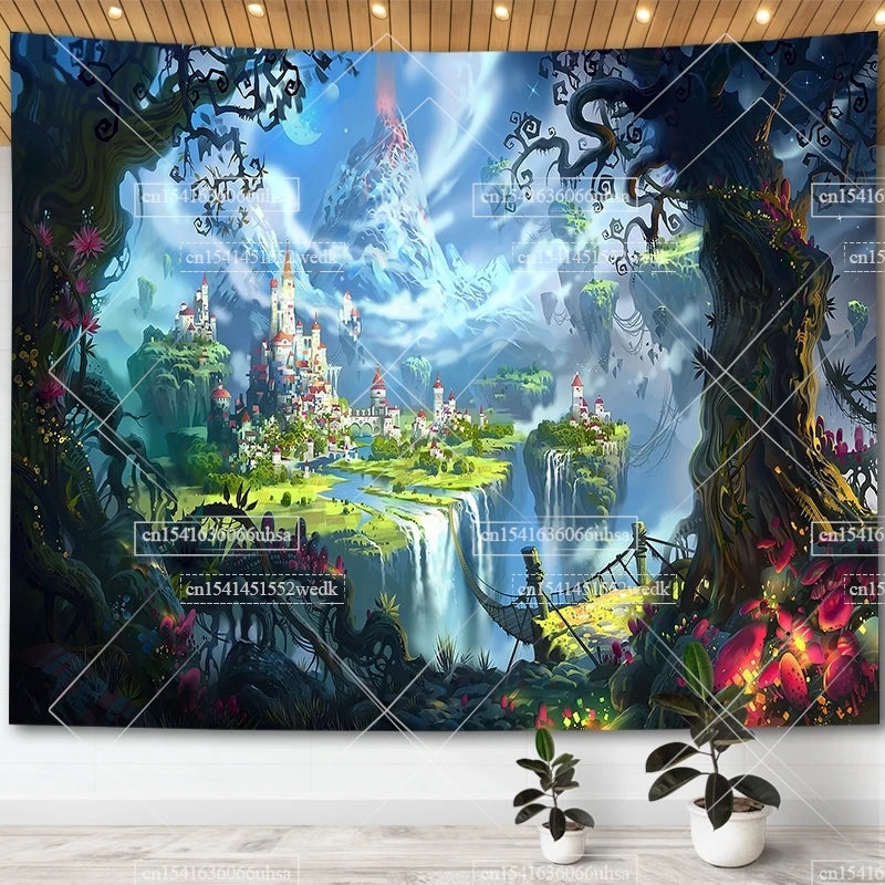 Fantasy Forest Tapestry Green Fairy Tree Of Life Tapestries For Bedroom Aesthetic Room Decor Wall Hanging Scenery Paintings