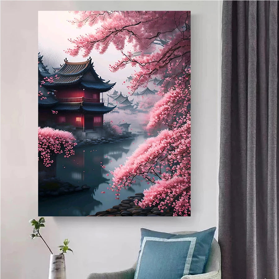 Diy Mosaic Art Japanese Cherry Blossoms Diamond Painting Waterfall Temple Landscape Full Rhinestone Embroidery Picture AA4518