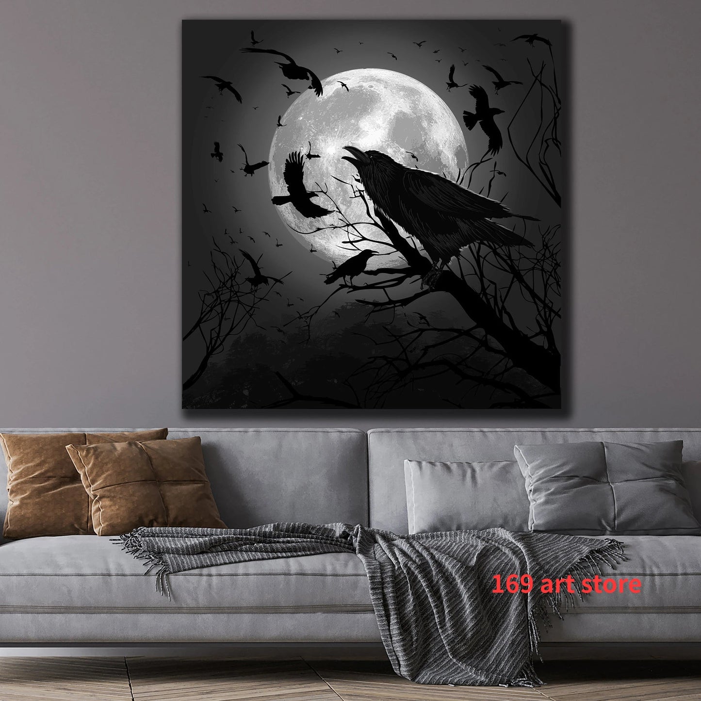 Retro Flying Crow Raven Barking At The Moon Nature Landscape Art Poster Canvas Painting Wall Art Print Picture Office Home Decor