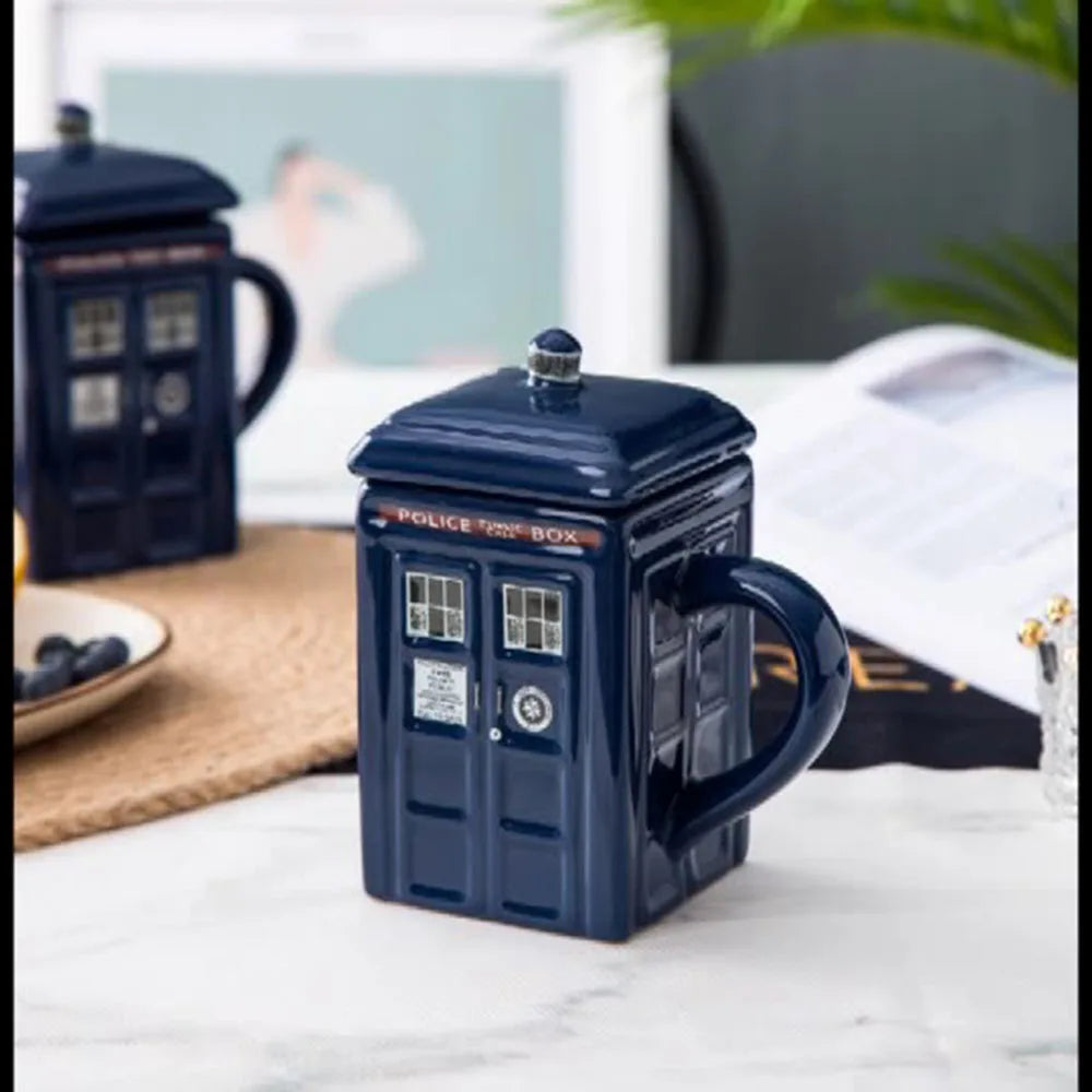 Creative Retro British Police Booth Cup Ceramic Phone Booth Square Cups With Cover Novelty Mug Coffee Tea Handle Cup Drinkware