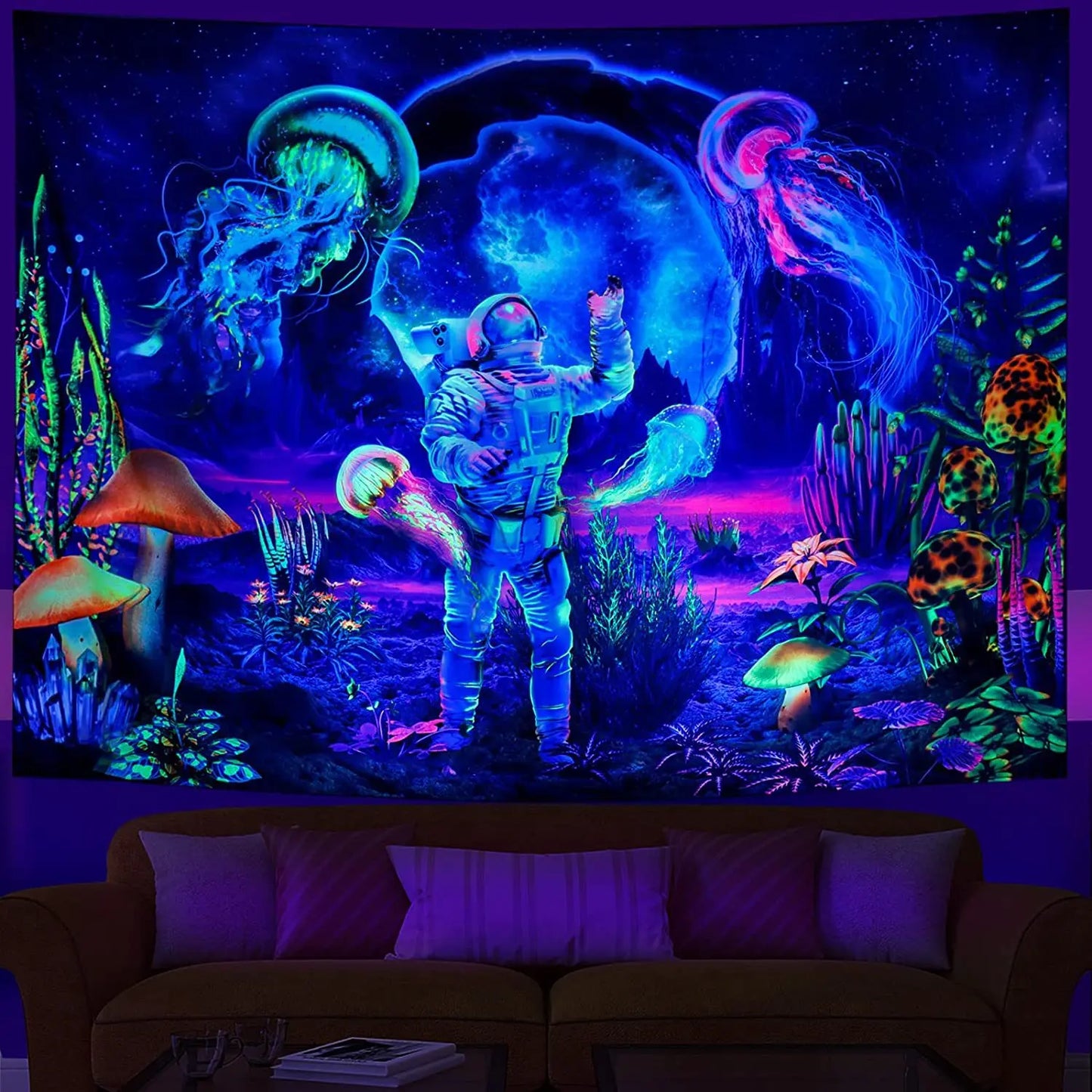 Tapiz fluorescente UV de astronauta, tapiz Hippie colgante de pared estético, decoración de habitación independiente para dormitorio