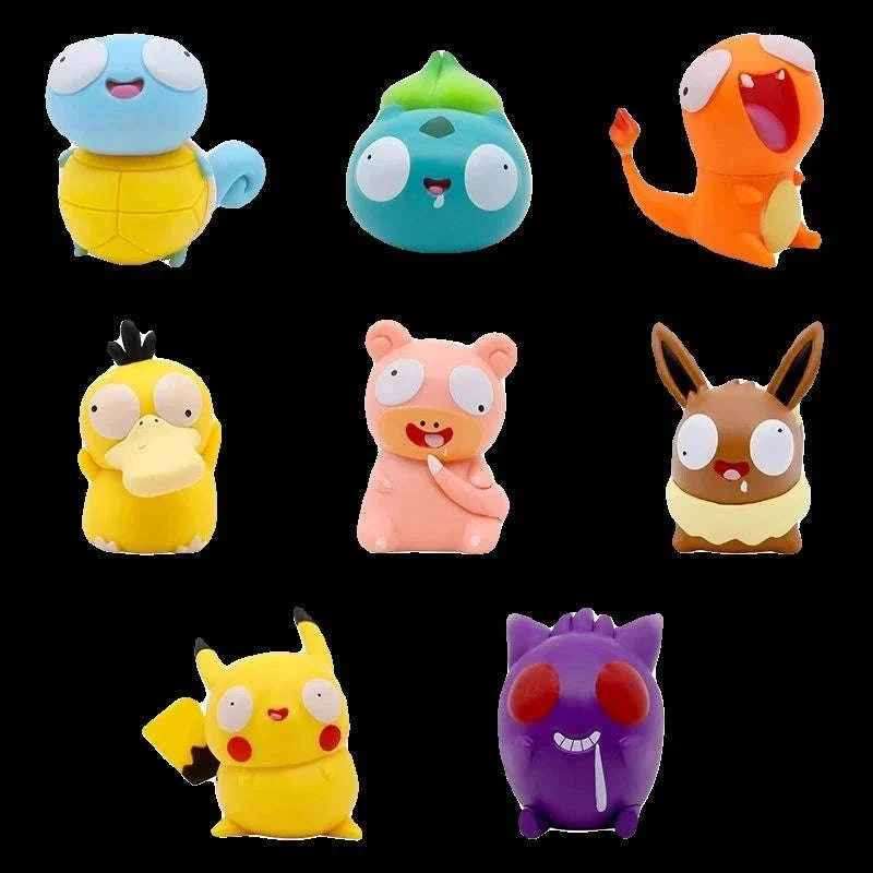 8 PCS Silly Pokemon Mini Figurine Set, Pikachu Bulbasaur Charmander Squirtle Cute PVC Action Figures