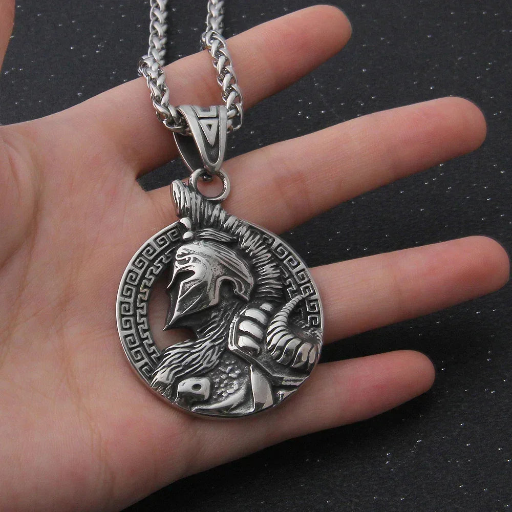 stainless steel King of War Spartan Warrior Portrait Pendant Men\'s Necklace Trend Rock Hip Hop Party Jewelry Christmas Gift