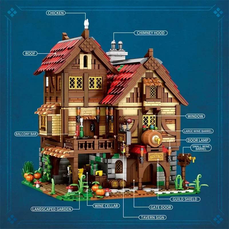 3114PCS Medieval Tavern Building Blocks European Street View Architecture MOC Model Brick Desktop Display Ornaments Toy For Kids - Medieval Tavern / With Box