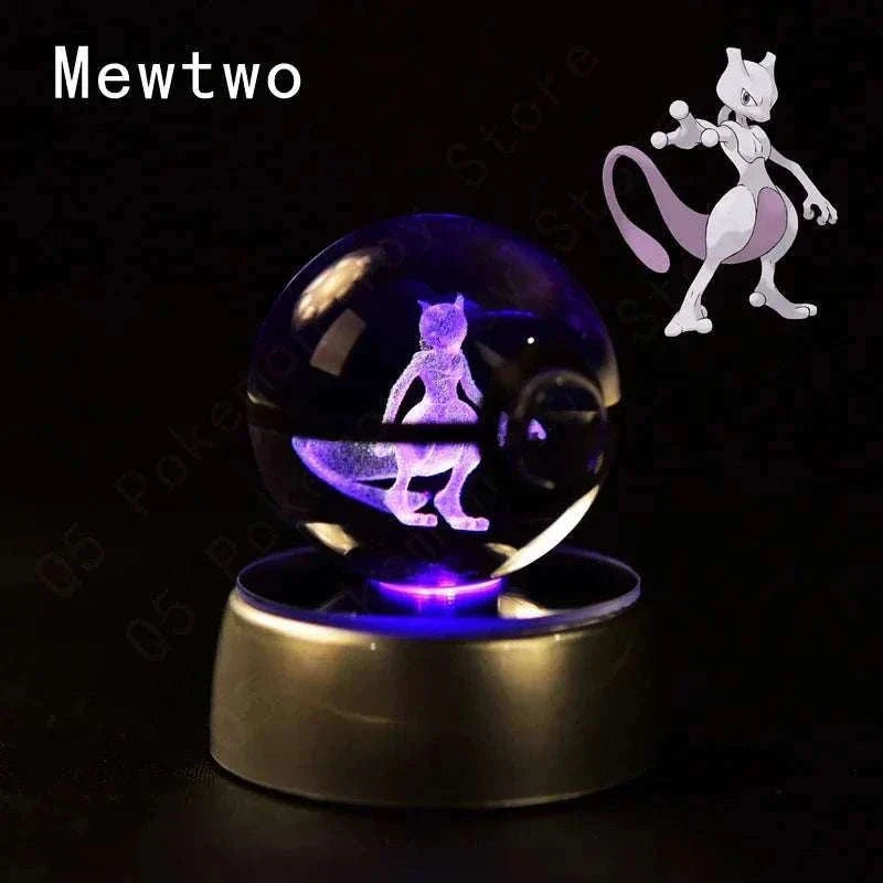 Pokemon 3D Crystal Ball Pokeballs with LED Light Base, Kids Anime Toy Gifts