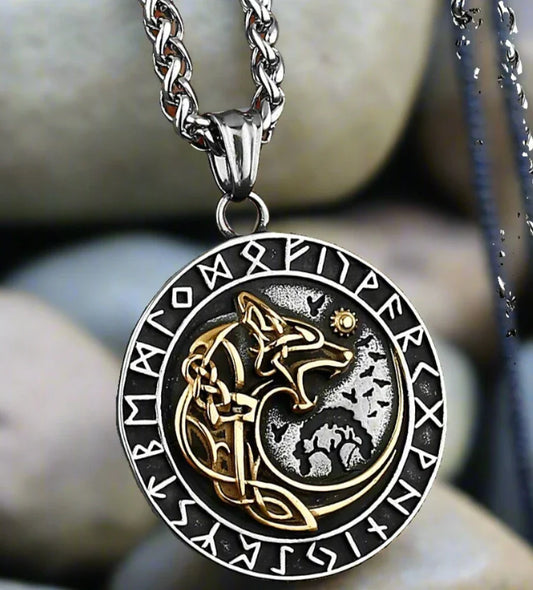 Collar de lobo vikingo Fenrir con colgante devorador de sol | Brújula Vegvisir