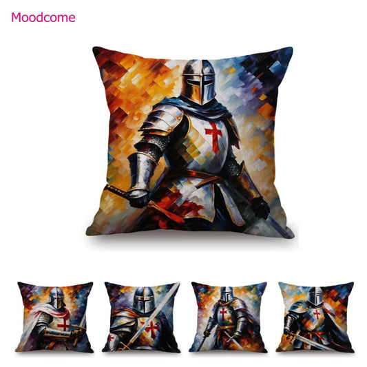 Colorful Red Cross Knight Templar Helmet Chivas Warrior Oil Painting Living Room Sofa Throw Pillow Case Decorative Cushion Cover