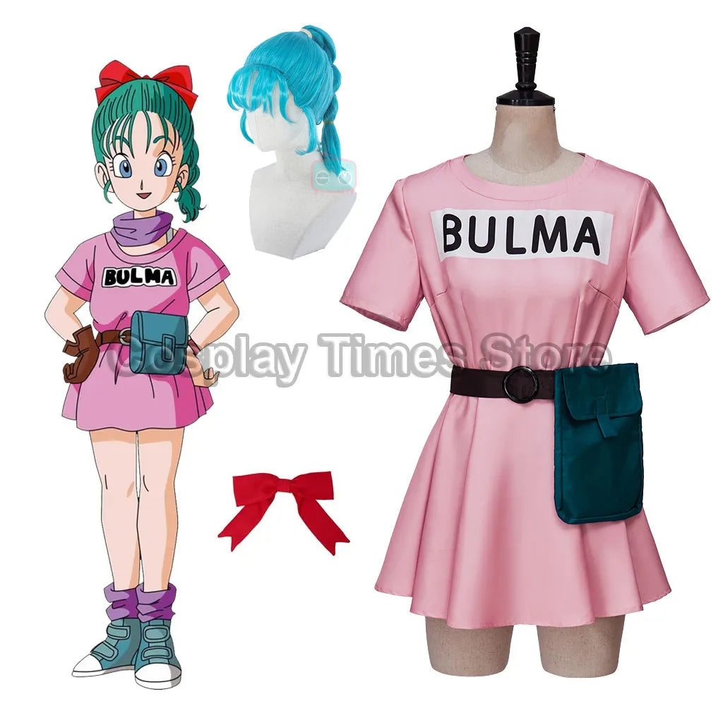 Bulma – Costume de Cosplay rose, couvre-chef, écharpe violette, sac de ceinture, ensemble complet pour femmes, Costume de Cosplay d'halloween, perruque
