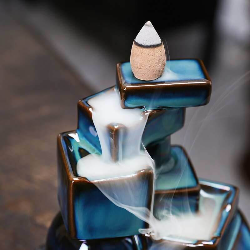 Blue Cubes Waterfall-Cascading Backflow Incense Burner - 