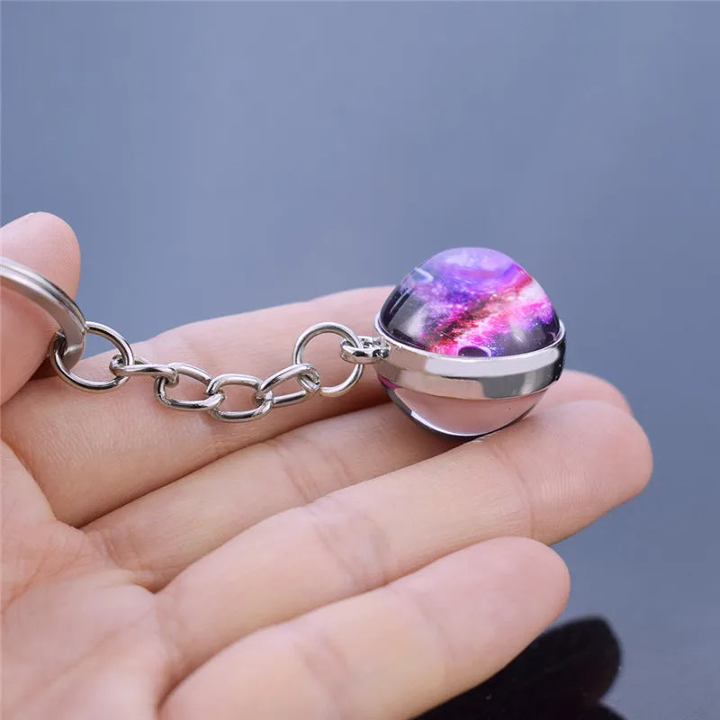 Glow In The Dark Multicolor Planet Galaxy Keychain Universe Key Chain Outer Space Astronomical Jewelry Glass Ball Keyring