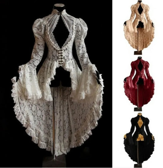 Vintage Halloween Médiévale Renaissance Cosplay Costumes Robe Femmes Gothique Dentelle Bandage Noir Fantaisie Robe Maxi Robe Robes