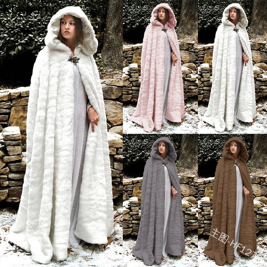 Vintage Medieval Winter Faux Fur Celtic for Women Long Hooded Cloak Warm Snow White Viking Gown Maxi Bridal Wedding Capes Coats
