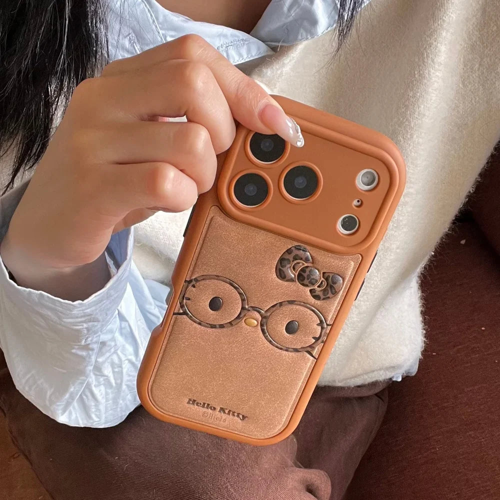 Brown Cute Leather Leopard Print Glasses KT Phone Case Suitable For iPhone 14 Pro 15 16 17 Pro Max Shockproof Protective Case