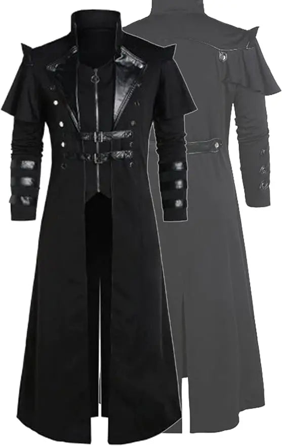 Men's Steampunk Gothic Long Trench Coat Jacket Double Breasted Zipper Punk Tops Cosplay Medieval Costume Black