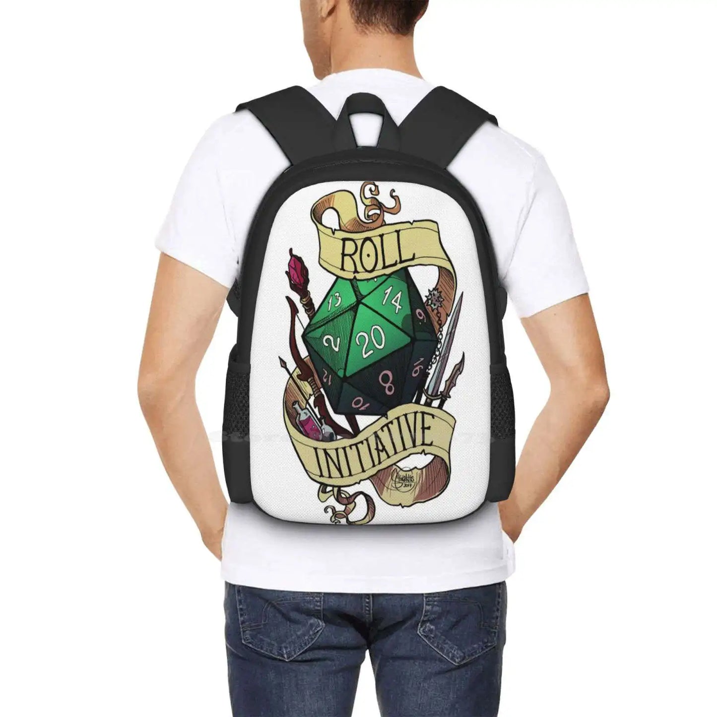 Rollo Iniciativa Diseño De Patrón De Moda Viaje Portátil Mochila Escolar Bolsa Dnd Y Dragones D20 La Zona De Aventura Troquel De 20 Caras