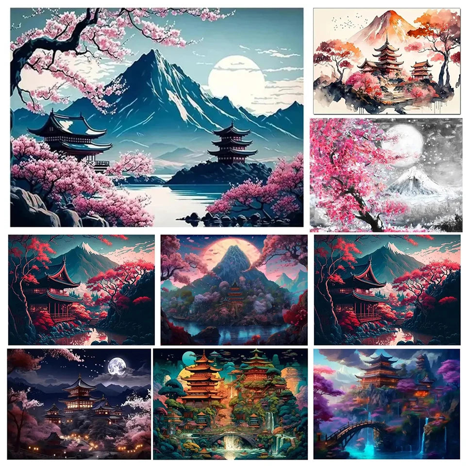 Peinture diamant paysage japonais Fuji, broderie 5D, Sakura, mosaïque complète, point de croix, strass, décoration d'intérieur, à faire soi-même