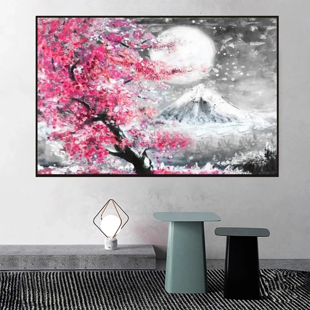 Pintura de diamante 5D de paisaje japonés Fuji, Sakura, mosaico completo de diamantes, punto de cruz, bordado de diamantes de imitación, decoración del hogar