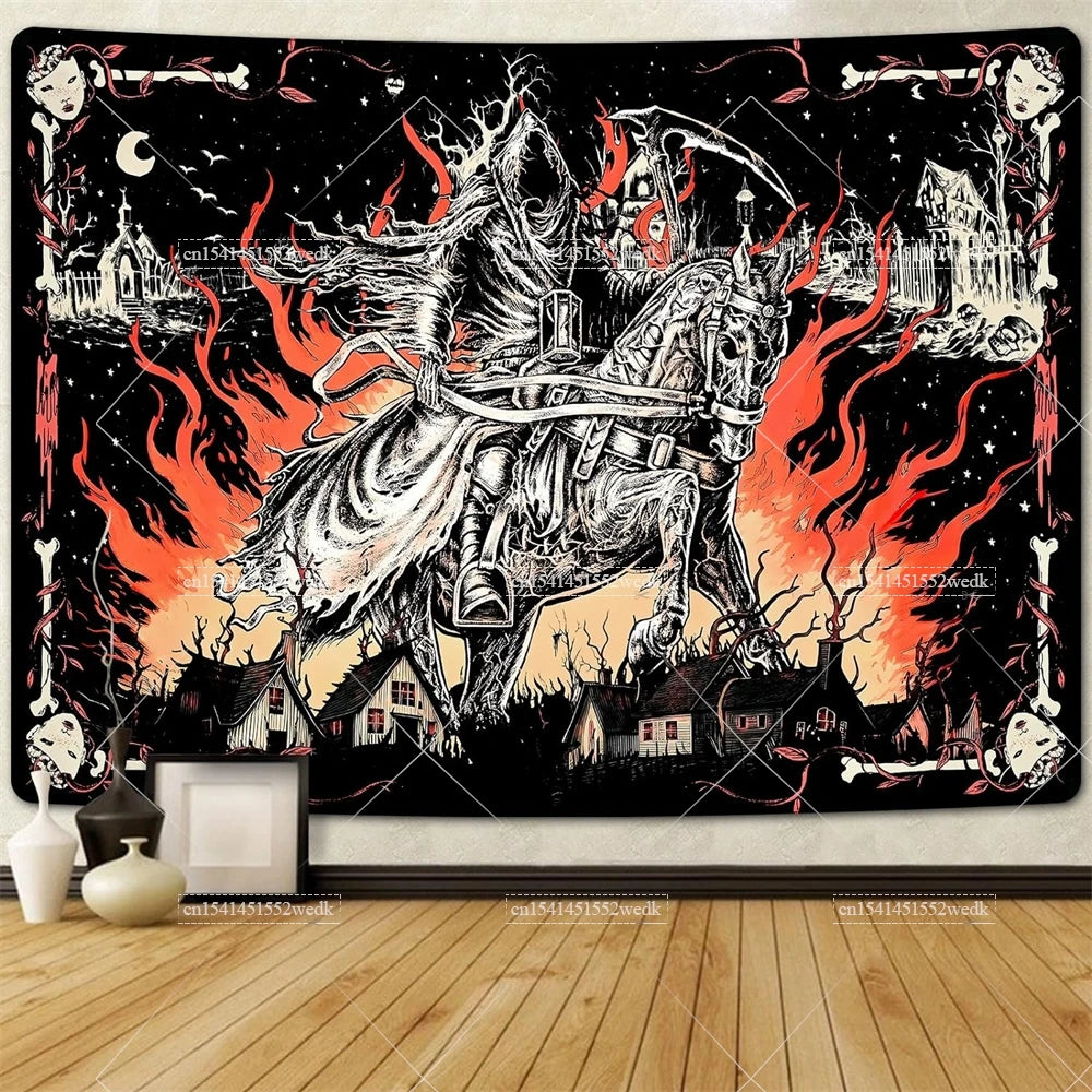 Tapisserie murale suspendue de chevalier médiéval, crâne d'horreur, flamme, pour décor de fond de chambre à coucher, arrière-plan de fête esthétique