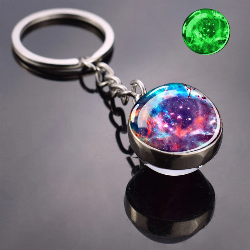 Glow In The Dark Multicolor Planet Galaxy Keychain Universe Key Chain Outer Space Astronomical Jewelry Glass Ball Keyring